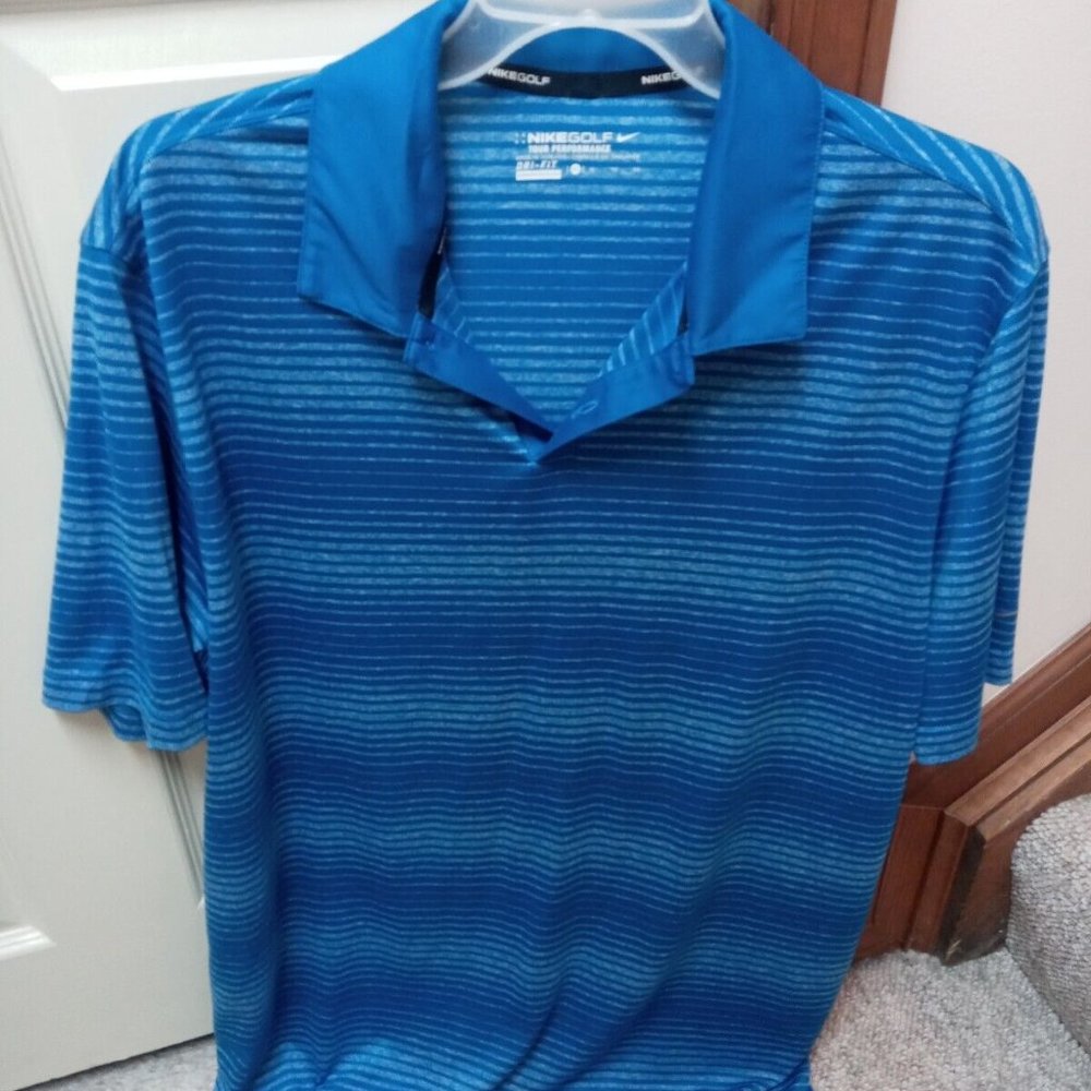 Nike Dri Fit Golf Tour Performance Blue Striped Polo Shirt XL Logo On Sleeve